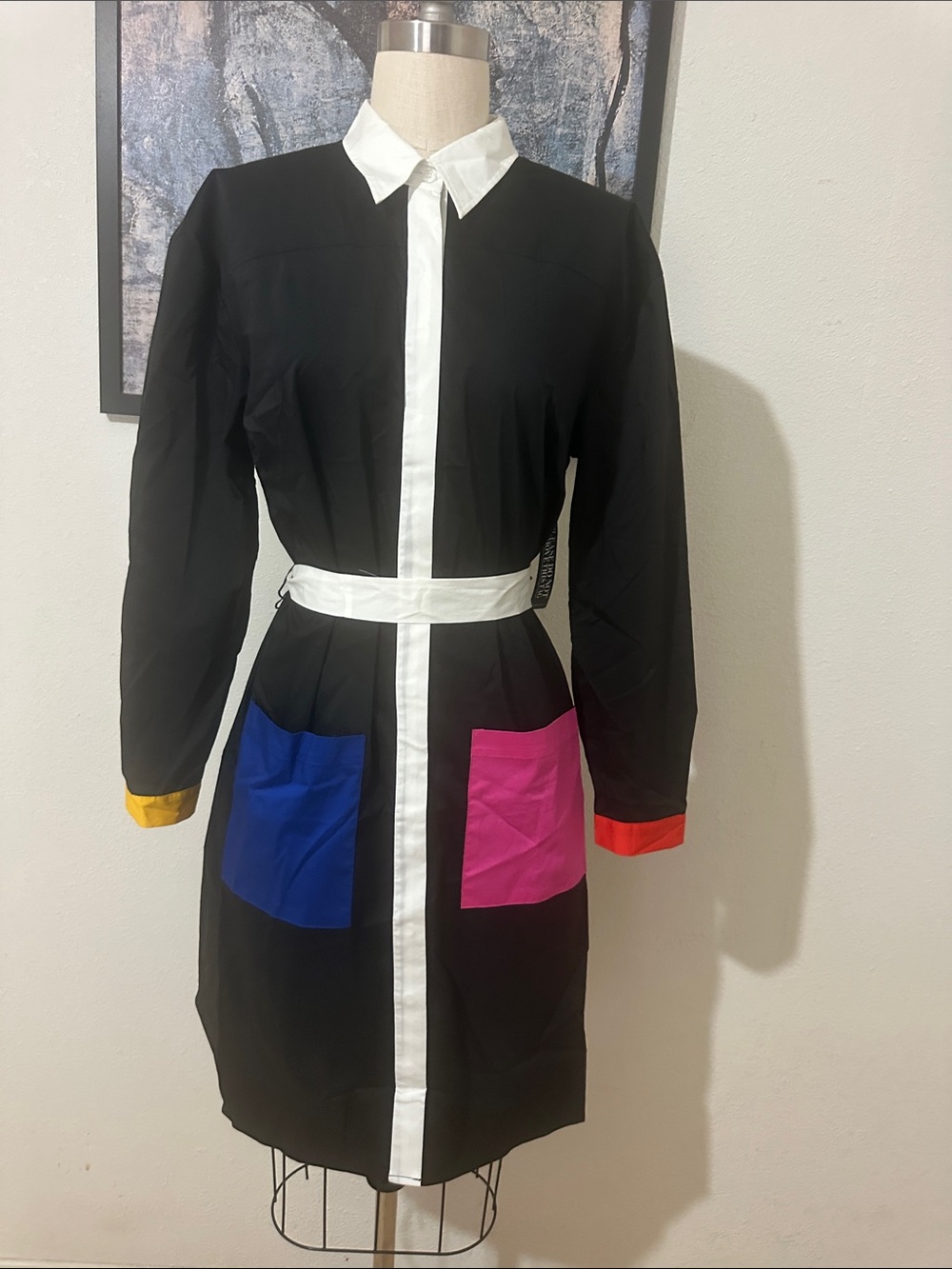 New York & Company Black Long-Sleeve Shirt Dress with Blue and Pink Pockets